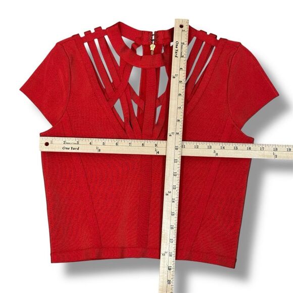 Bebe Cutouts Cage Bodycon Bandage Top Cap Sleeve Cherry Red Large - Picture 12 of 13